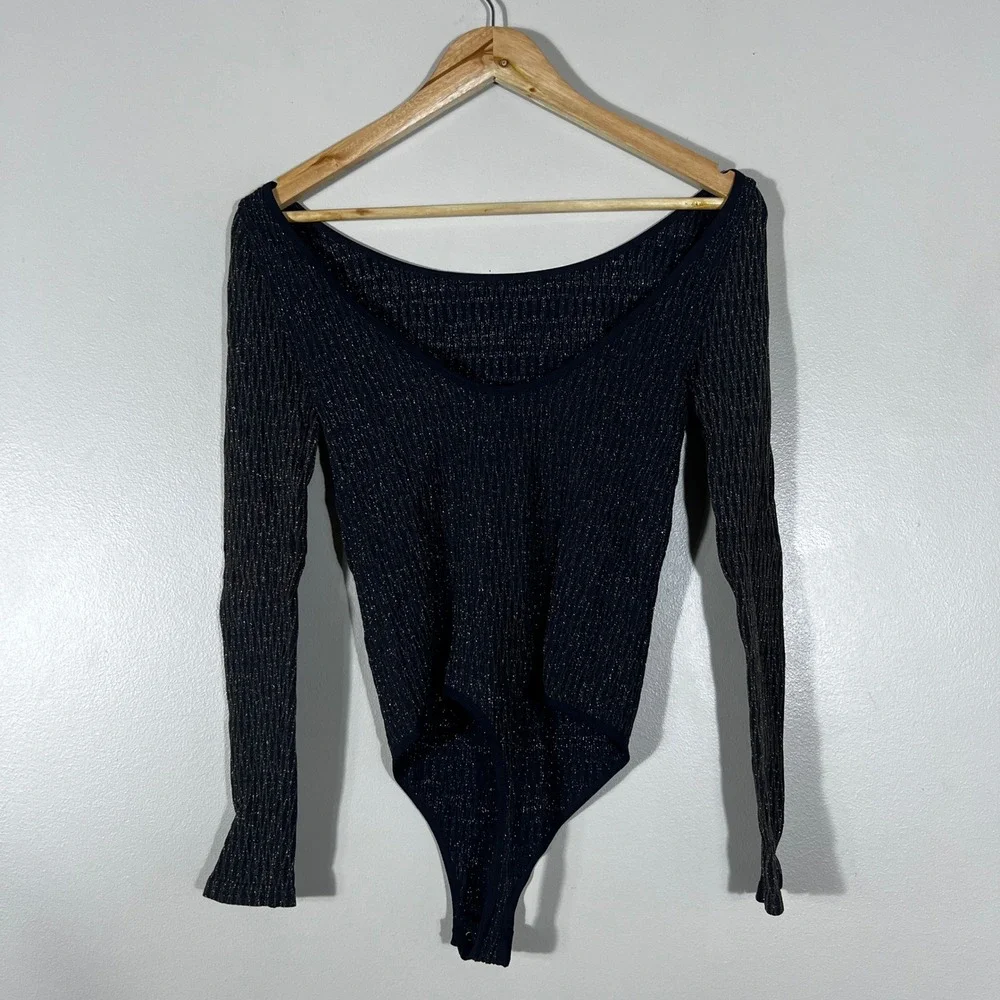 Free People Intimately Ribbed Metallic Bodysuit Navy Gold Sparkle Size XS/S